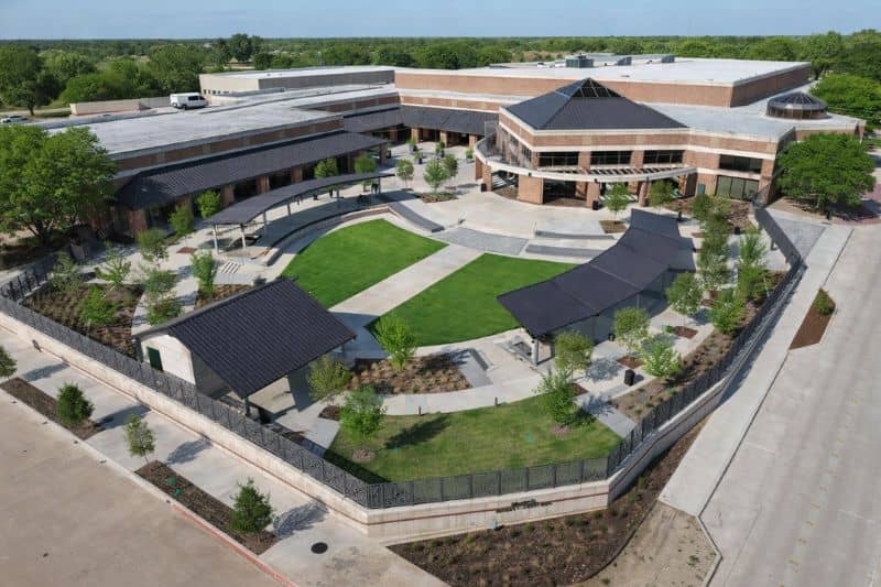 Aerial view of the Plano Event Center showing the outdoor plaza and surrounding civic facilities
