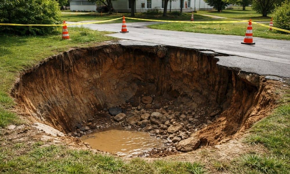 Ground sinkhole surface collapse showing circular depression and soil subsidence