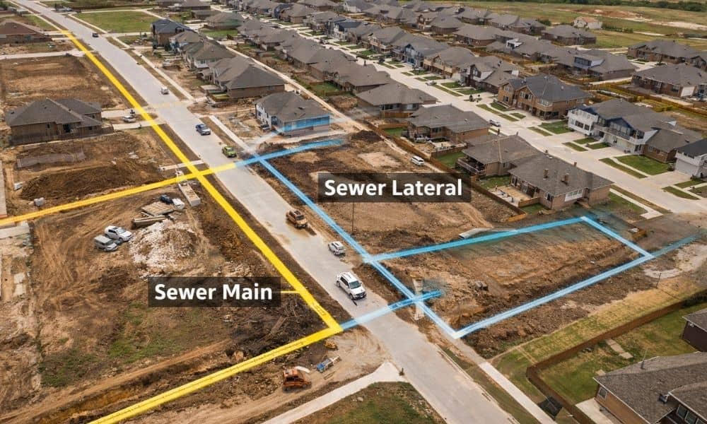 Aerial view of a suburban development with underground sewer infrastructure layout supporting gravity sewer design and slope requirements in Plano