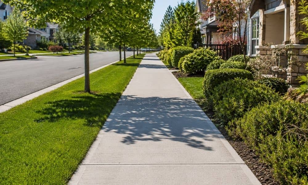 Concrete sidewalk running through a tree-lined residential neighborhood beside a quiet street
