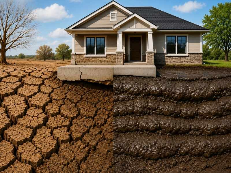Expansive clay causing foundation movement as dry and wet soil conditions change around a residential home.