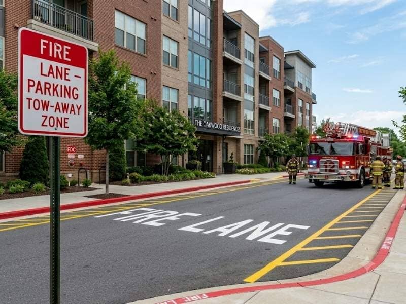 Fire lane in front of an apartment building with a fire truck parked in the designated emergency access zone.
