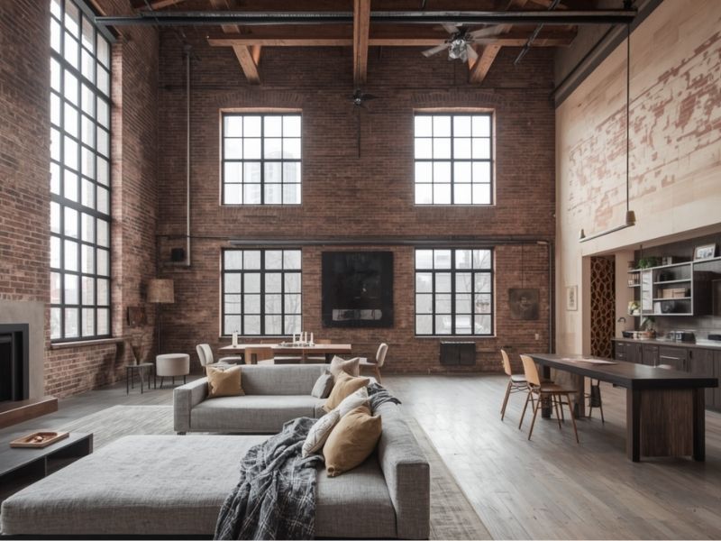 Industrial loft interior with exposed brick walls, high ceilings, large windows, and an open concept living area