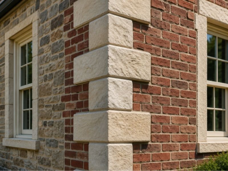 Close-up view of quoin stones highlighting the decorative corner detail between brick and stone masonry on a residential building.