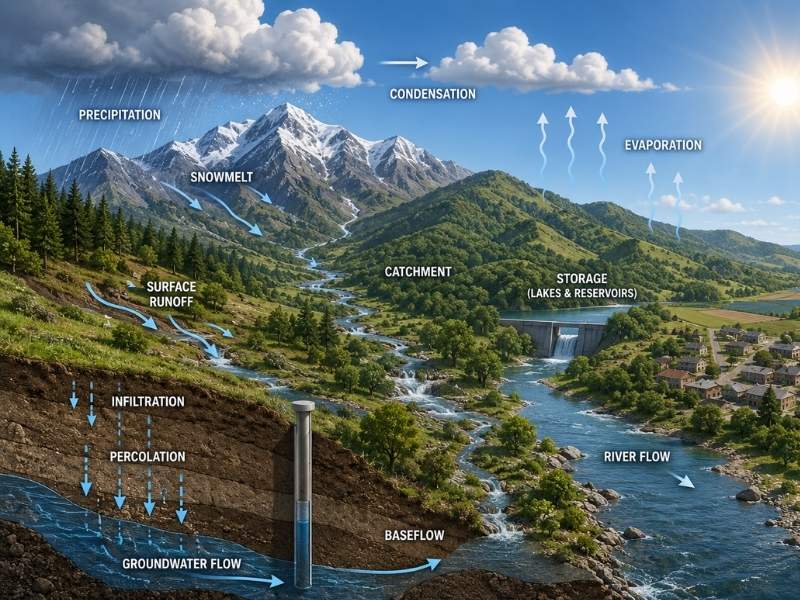Illustration of catchment hydrology showing rainfall, mountain runoff, rivers, groundwater flow, reservoirs, and drainage basin processes from precipitation to water storage.