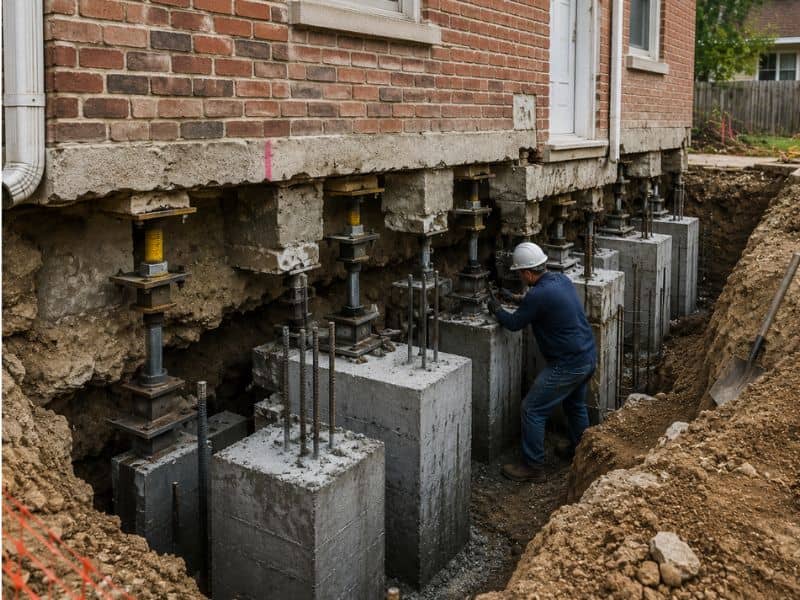 Foundation underpinning in progress beneath an existing residential building, showing hydraulic jacks, reinforced concrete piers, and excavation used to strengthen and stabilize the foundation.
