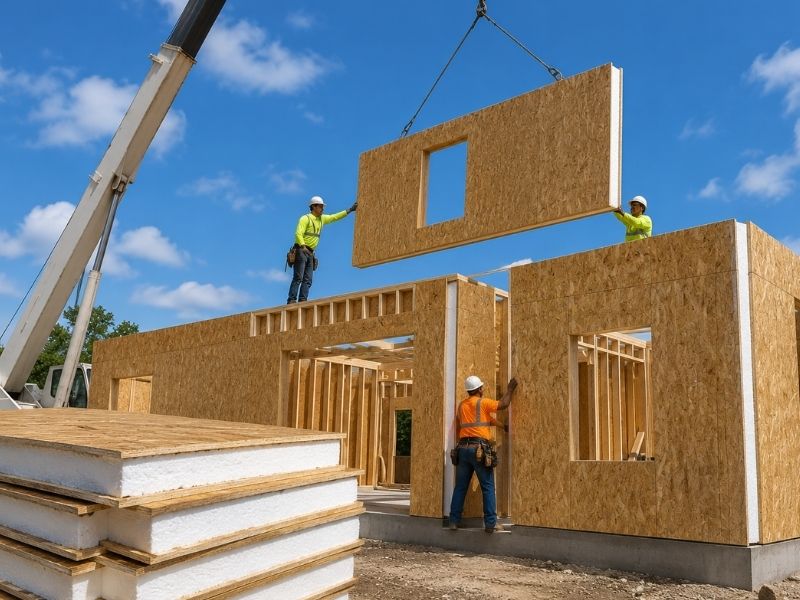 Construction crew installing structural insulated panels (SIPs) on a modern residential building frame at a job site in Plano, TX.